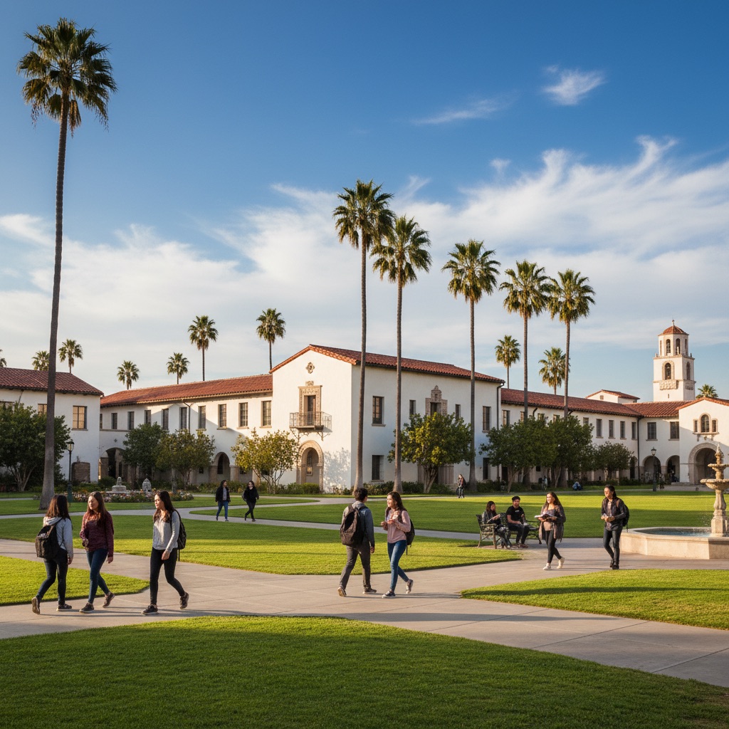 Cal State Fullerton campus with students and palm trees